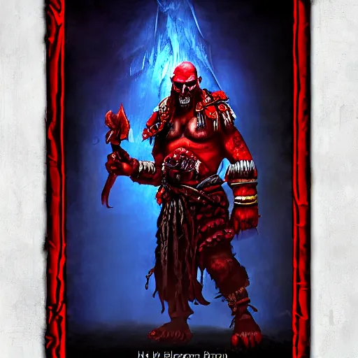 Image similar to red orc shaman, red theme lighting, skull staff, skull garments, battlefield background, in hearthstone art style, epic fantasy style art, fantasy epic digital art, epic fantasy card game art