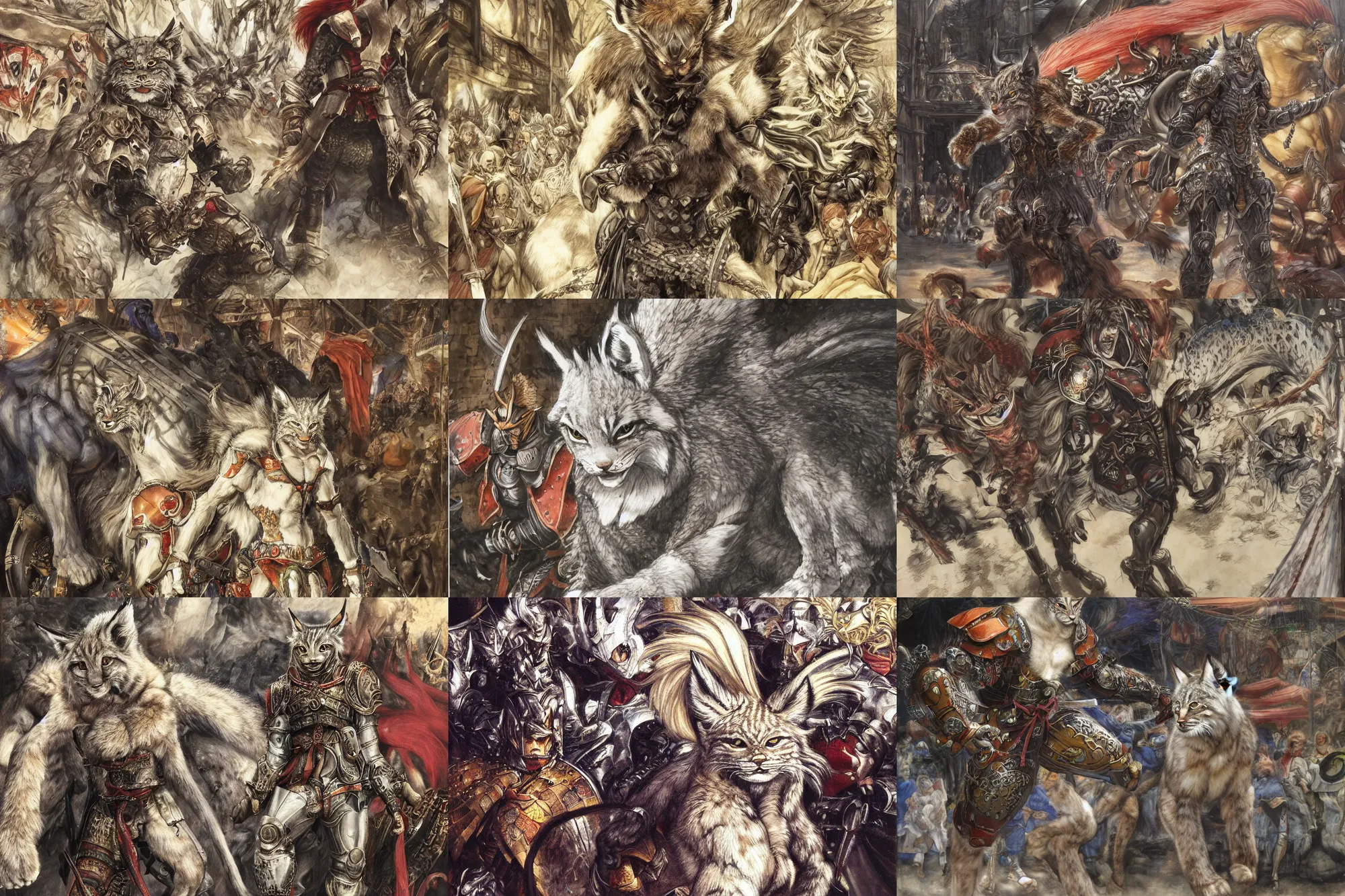 Image similar to 8k Yoshitaka Amano painting of upper body of a young cool looking lynx beast-man with white mane at a medieval market at windy day. Depth of field. He is wearing complex fantasy armors. He has huge paws. Renaissance style lighting.