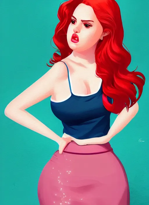 Image similar to full body portrait of teenage cheryl blossom, obese, bangs, sultry, realistic, red hair, sultry smirk, wavy hair, pink skirt, fat, belly, intricate, elegant, glowing lights, highly detailed, digital painting, artstation, concept art, smooth, sharp focus, illustration, art by wlop, mars ravelo and greg rutkowski