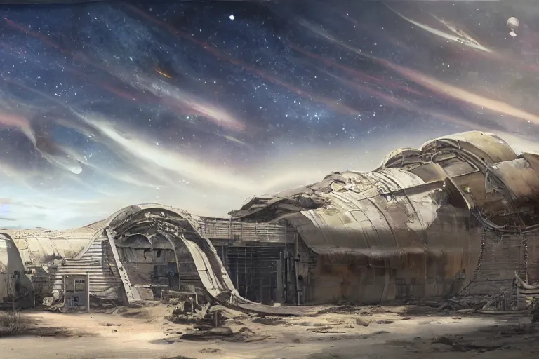 Prompt: matte painting of an outside view of abandoned space station in the deep space