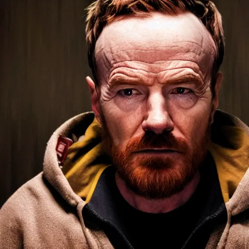 Image similar to Live Action Still of Bryan Cranston dressed as Jesse Pinkman, real life, hyperrealistic, ultra realistic, realistic, highly detailed, epic, HD quality, 8k resolution, body and headshot, film still