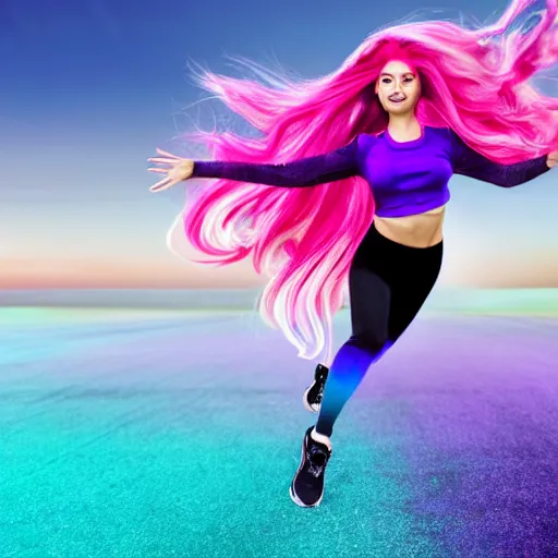 Image similar to a award winning full body shot of a beautiful woman in a croptop and leggings with a ombre purple pink teal hairstyle with head in motion and hair flying, outrun, vaporware, vivid colors, highly detailed, fine detail, intricate
