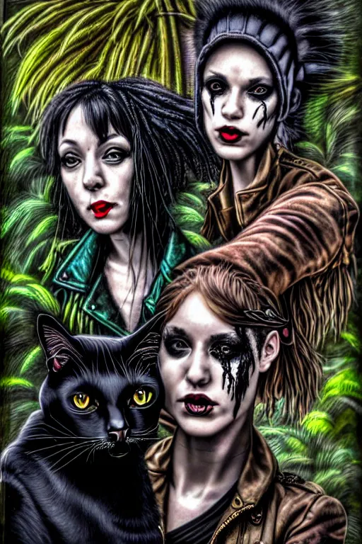 Prompt: punk rock girls kissing and making selfie with black cats in jungle , 1980 style, mad max jacket, post apocalyptic, Cyberpunk, renaissance, Gothic, mystic, highly detailed, 4k, fog, oil painting on canvas, sharp focus,, hyper realistic style, dramatic lighting, fantasy by Olga Fedorova