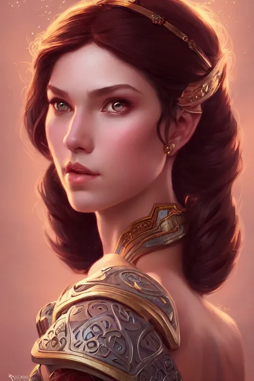 Image similar to beautiful female princess, portrait, short hair, d & d, fantasy, intricate, elegant, highly detailed, digital painting, artstation, concept art, matte, sharp focus, illustration, hearthstone, art by artgerm and greg rutkowski and alphonse mucha