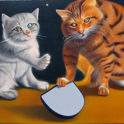 Image similar to dos gatos jugando al ping - pong sobre fondo naranja, oil painting