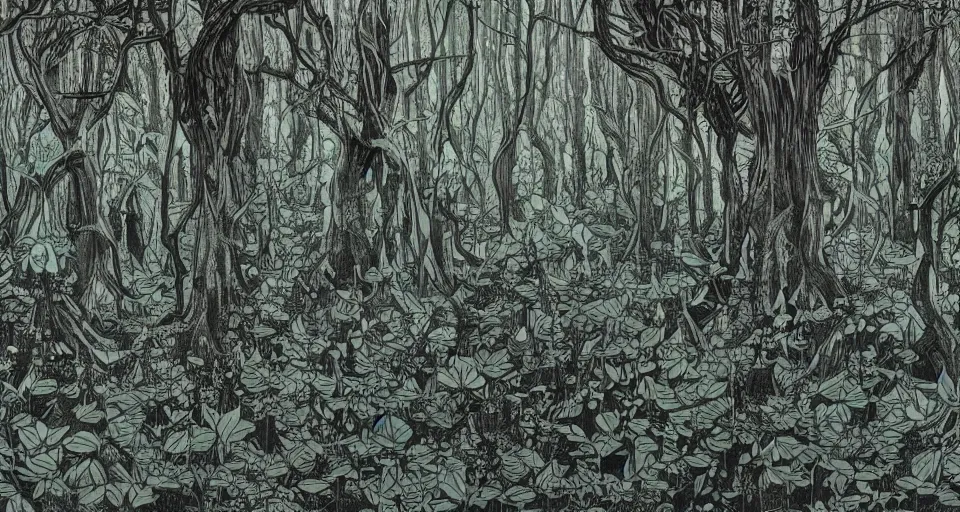 Prompt: A dense and dark enchanted forest with a swamp, by james jean,