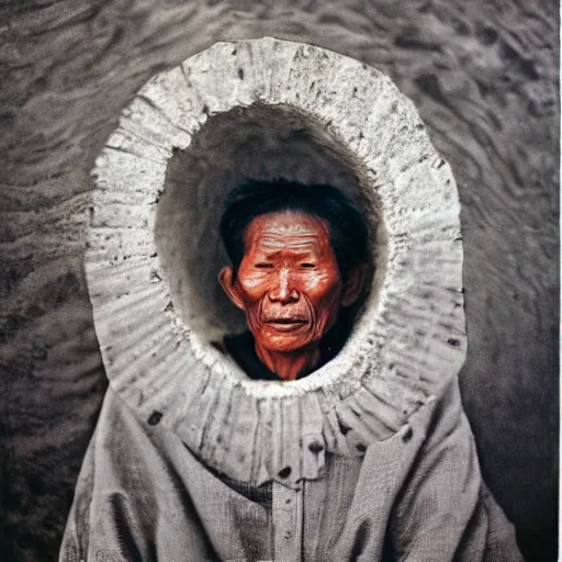 Image similar to ultra realistic vintage photo portrait of a tibetan man with a big hole on the forehead, by Annie Leibovitz,