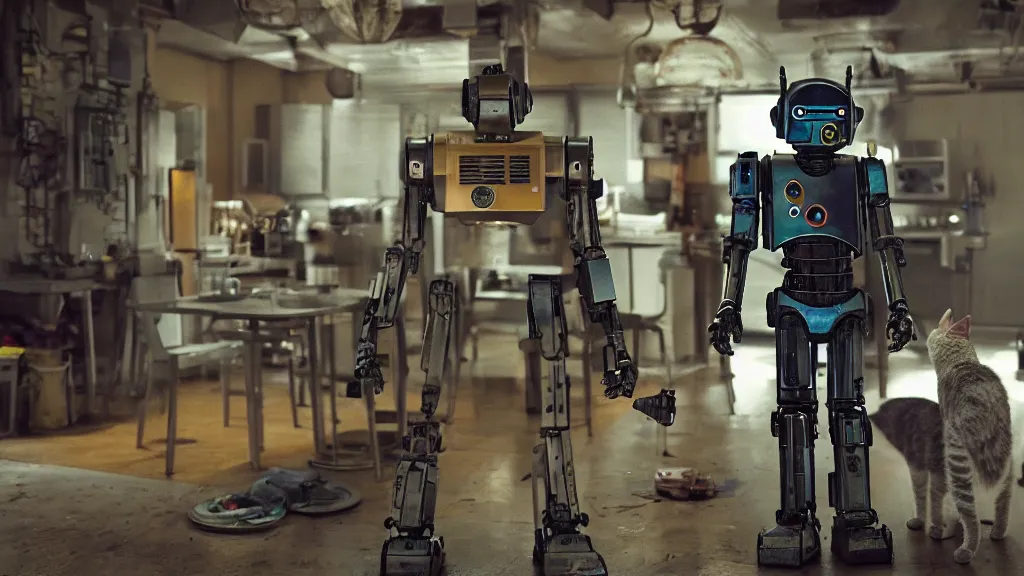 Prompt: film still from the movie chappie of the robot chappie shiny metal indoor cottage kitchen whimsy scene bokeh depth of field several figures furry anthro anthropomorphic stylized cat ears head android service droid robot machine fursona