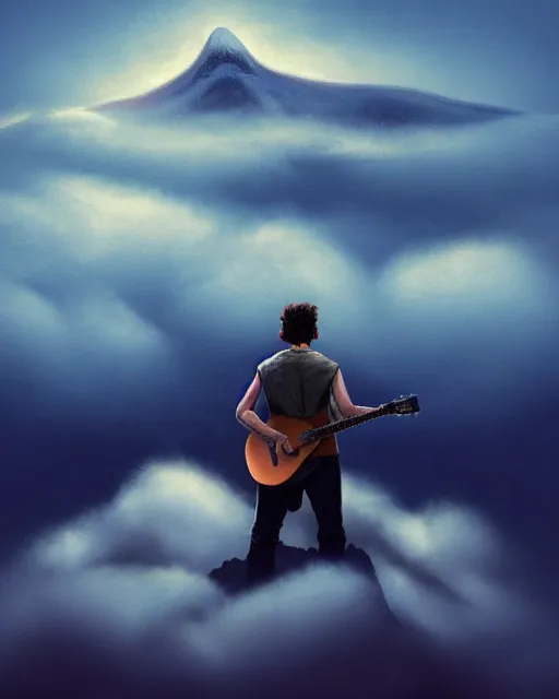 Prompt: A figure of a man with a guitar obscured by clouds and mist. The clouds look like mountains high in the sky, the clouds are a deep blue purple color with the sun blazing behind the clouds, deep focus, D&D, fantasy, intricate, elegant, highly detailed, digital painting, artstation, concept art, matte, sharp focus, illustration, hearthstone, art by Artgerm and Greg Rutkowski and Alphonse Mucha