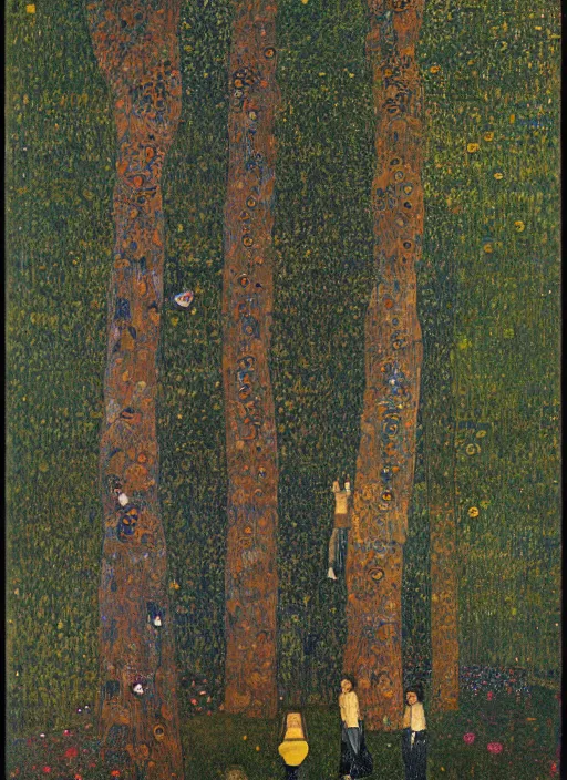 Prompt: a landscape painting of a cognitive optical illusion of trees, with four people in the foreground making extreme dynamic poses painted by gustav klimt