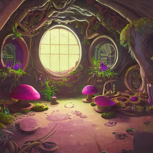 Image similar to concept art painting of a interior of a cozy alien fantasy cottage made of mushrooms and fungus, circular windows, with black vines and magenta houseplants, realistic, detailed, cel shaded, dark, in the style of makoto shinkai and greg rutkowski and james gurney