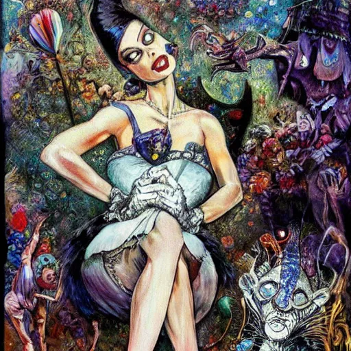 Image similar to josephine baker in alice in wonderland tripping on lsd, intricate detail, painting, royo, frazetta, whealan,