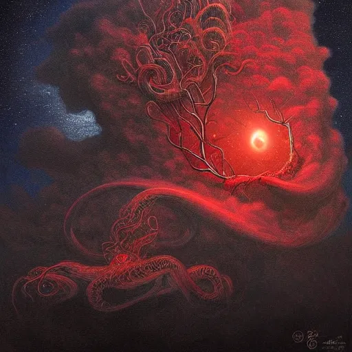 Image similar to the night sky is black and full of stars, huge red eyes are floating in the sky, their irises are red, ethereal tentacles, by Esao Andrews and Karol Bak and Zdzislaw Beksinski and Zdzisław Beksiński, trending on ArtStation, volumetric smoke