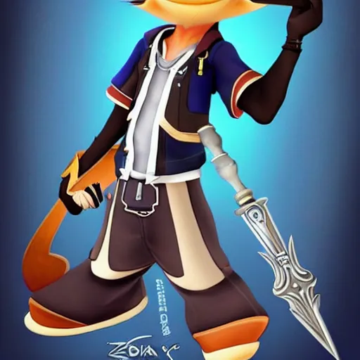 Image similar to sora, from kingdom hearts, holding the artemis keyblade, in the art style of zootopia