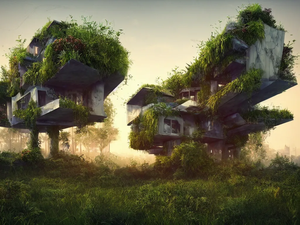 Prompt: beautiful organic house made from junk scrap parts, in an overgrown area, architectural render, futuresynth, chillwave, vegetal architecture, blender, sunrise, (((mist))), trending on artstation, by gal barkin