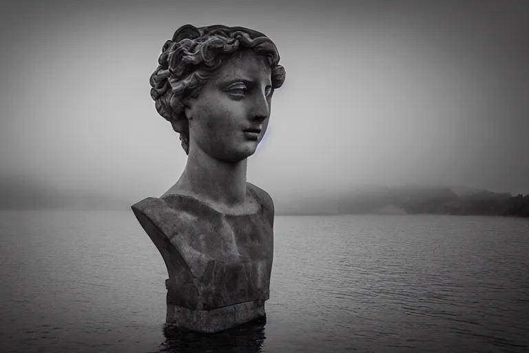 Prompt: a small boat near a masterpiece head of a giant statue of a beautiful! antic goddess with long hair, scuplted by MichelAngelo, partly sunken! in the lake!, important mist, lomography photo effect, monochrome, noise grain film, cl, surface view