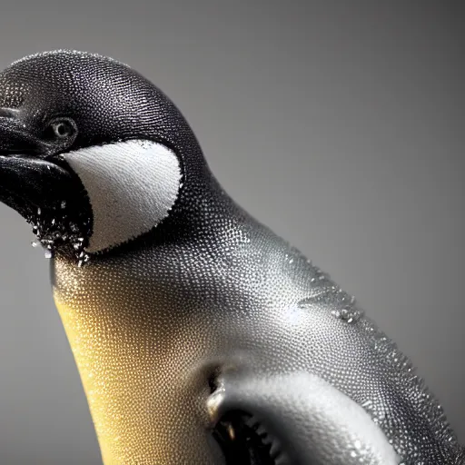 Image similar to photo taken of an epic intricate, ultra detailed, super realistic gritty, wet, lifelike sculpture of a ghoulish cyborg penguin created by weta workshop, zoomed in shots, sublime subsurface scattering, photorealistic, sharp focus, white wall coloured workshop, desaturated, cold colour temperture, f 0. 4, face centred, golden ratio, golden hour