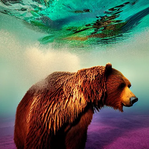 Prompt: film photography of a brown bear swimming through colourful clouds by Kim Keever, low shutter speed, 35mm