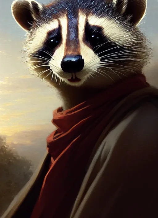 Image similar to a beautiful closeup shot from a marvel film of a anthropomorphic ferret wearing a loose tunic. an anthropomorphic raccoon. portrait. joseph ducreux, greg rutkowski.