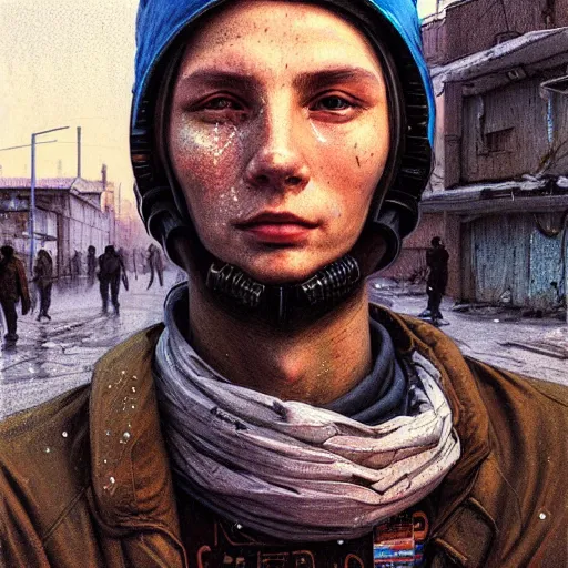 Image similar to A portrait of a cyberpunk gopnik on the street of a Soviet slum on the moon, Norilsk, sci-fi, fantasy, intricate, very very beautiful, elegant, highly detailed, digital painting, artstation, concept art, smooth, sharp focus, illustration, art by artgerm and greg rutkowski and alphonse mucha