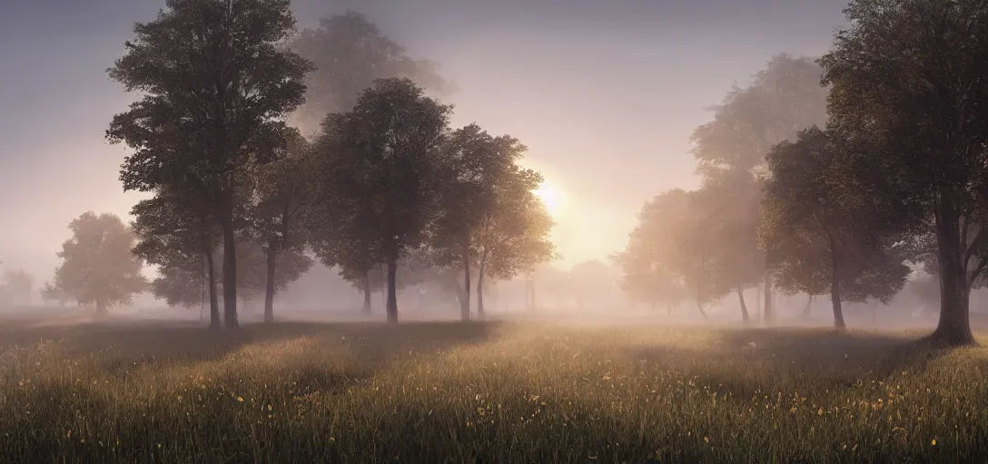 Prompt: beautiful meadow at sunrise, thin morning fog hovering close to the ground, symmetry, intricate Details, raphael lacoste, eddie mendoza, alex ross, concept art, matte painting, highly detailed, rule of thirds, dynamic lighting, cinematic, detailed, denoised, centerd, clean render