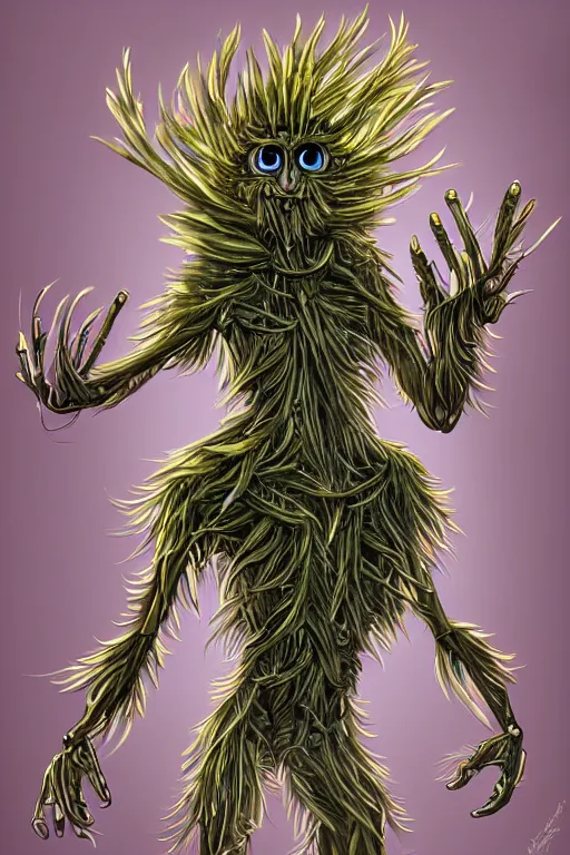 Image similar to a humanoid figure dandelion monster with large glowing eyes and 4 arms, highly detailed, digital art, sharp focus, trending on art station, artichoke, anime art style