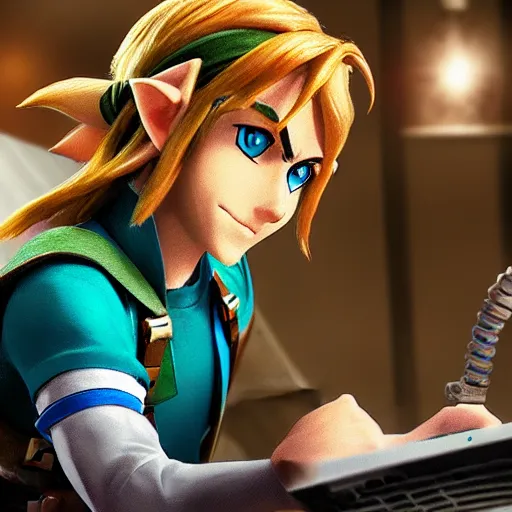 Image similar to Link from Zelda, sitting at a desk programming on a computer, close-up shot, cozy, elegant, realistic character concept, indoor lighting, hyperdetailed, high resolution, insanely detailed and intricate, Yusuke Nakano