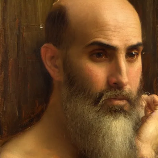 Prompt: orientalist painting of a balding bearded man with a square jaw intricate portrait by john william waterhouse and Edwin Longsden Long and Theodore Ralli and Nasreddine Dinet, oil on canvas. Cinematic, hyper realism, dramatic lighting, high detail 8k