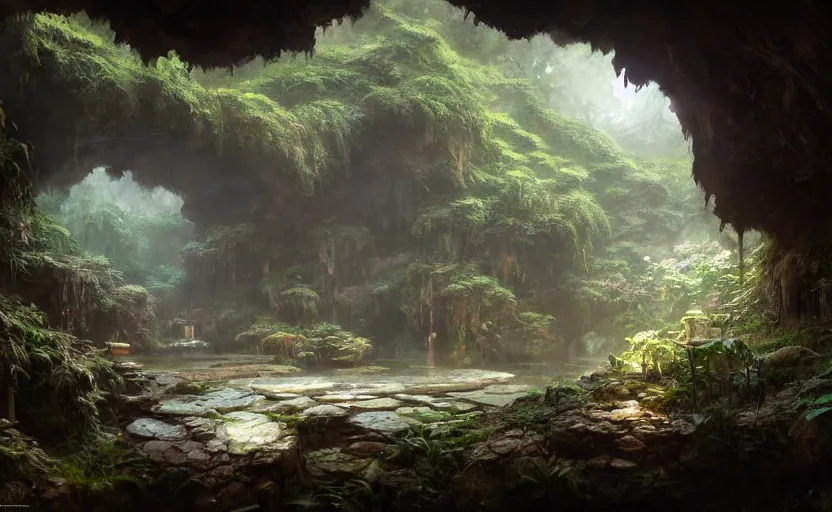 Image similar to painting of an interior of a hidden japanese hotspring in a small cave, fantasy, lush plants and flowers, natural light, concept art, by greg rutkowski and craig mullins, cozy atmospheric and cinematic lighting, trending on artstation