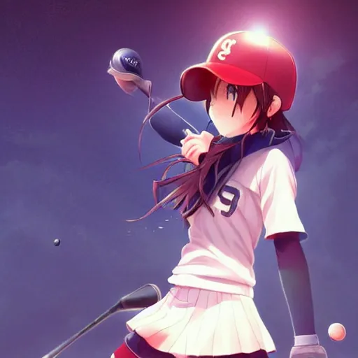 Image similar to this is the most beautiful anime girl playing baseball in the most beautiful artwork of the most beautiful anime girl playing baseball!, artstation!! pixiv!!, scenery art detailed, volumetric lighting, by range murata