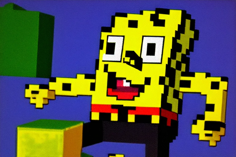 Image similar to ( ( dither ) ), editorial pixel art portrait of an angled 2 d spongebob,'he knows what you did ', confident smirk, 😏, ( ( mads berg ) ), rich detailed pixels, detailed, dynamic composition, detailed pixel artwork, full og spongebob, wide angle, matte print, art nouveau, unreal engine