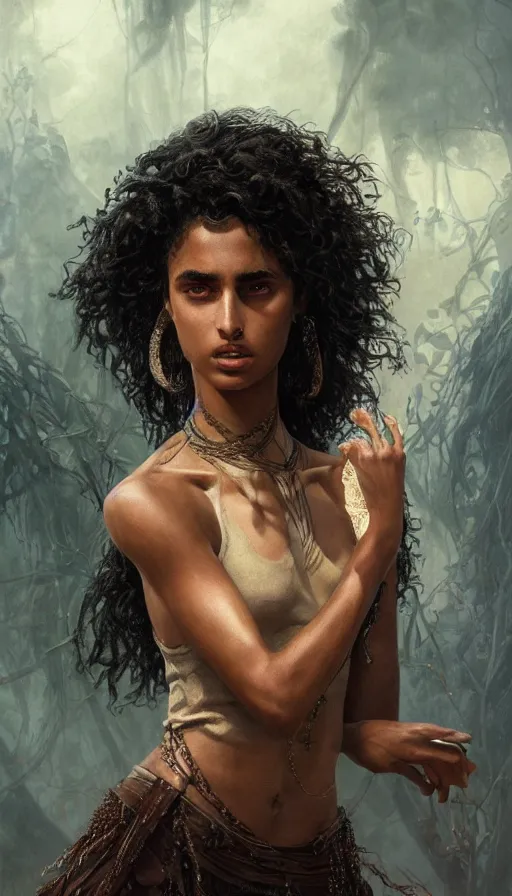 Image similar to imaan hammam, dancer, lord of the rings, sweaty insane, intricate, highly detailed, digital painting, artstation, concept art, smooth, sharp focus, illustration, unreal engine 5, 8 k, art by artgerm and greg rutkowski and alphonse mucha