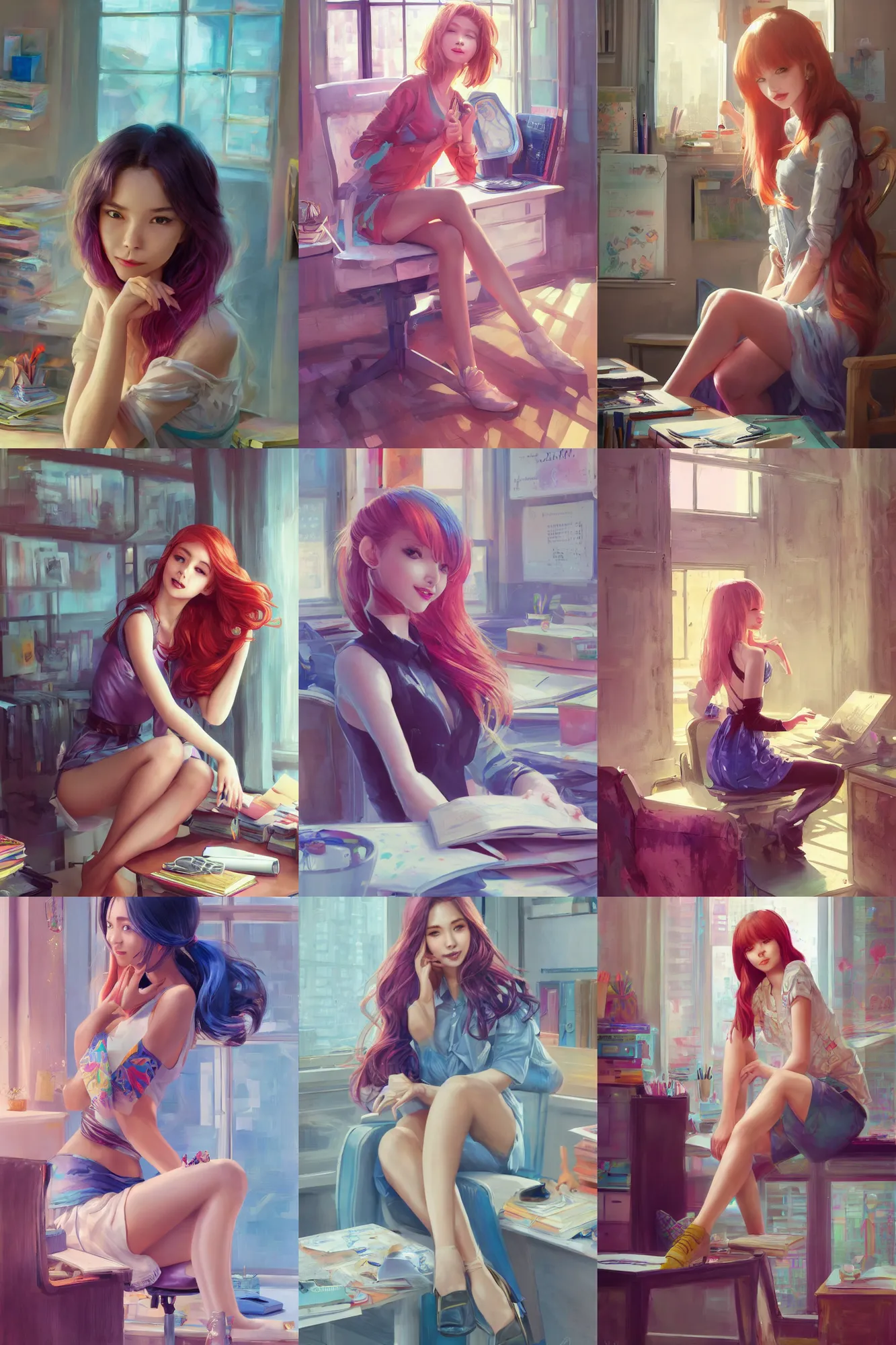 Prompt: a beautiful model girl sitting in her office | | cute - fine - subtle smile, colorful hair, face, pretty face, fine details by stanley artgerm lau, wlop, rossdraws, james jean, andrei riabovitchev, marc simonetti, and sakimichan, trending on artstation
