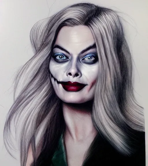 Image similar to margot robbie portrait with light joker makeup, pencil drawing, realistic face, beautiful eyes, smiling, hyper realistic, highly detailed