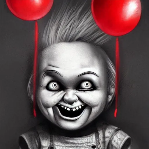 Prompt: surrealism grunge cartoon portrait sketch of chucky with a wide smile and a red balloon by - michael karcz, loony toons style, the conjuring style, horror theme, detailed, elegant, intricate