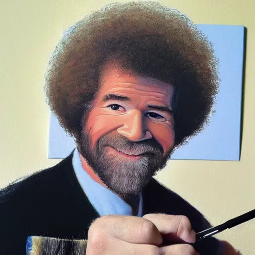 Image similar to a painting of bob ross painting a painting of bob ross holding a paintbrush, high quality, very detailed, artwork