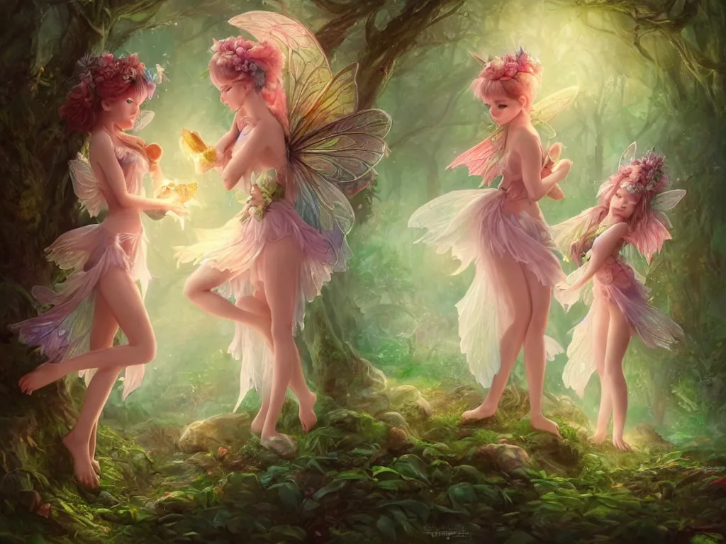 Image similar to two cute fairy in the dreamy forest, fantasy, dreamlike, 8 k resolution, hyper detailed, d & d, character design, digital painting, trending on artstation, sharp focus, illustration, art by artgerm, viktoria gavrilenko, hoang lap, fuji choko, steve zheng