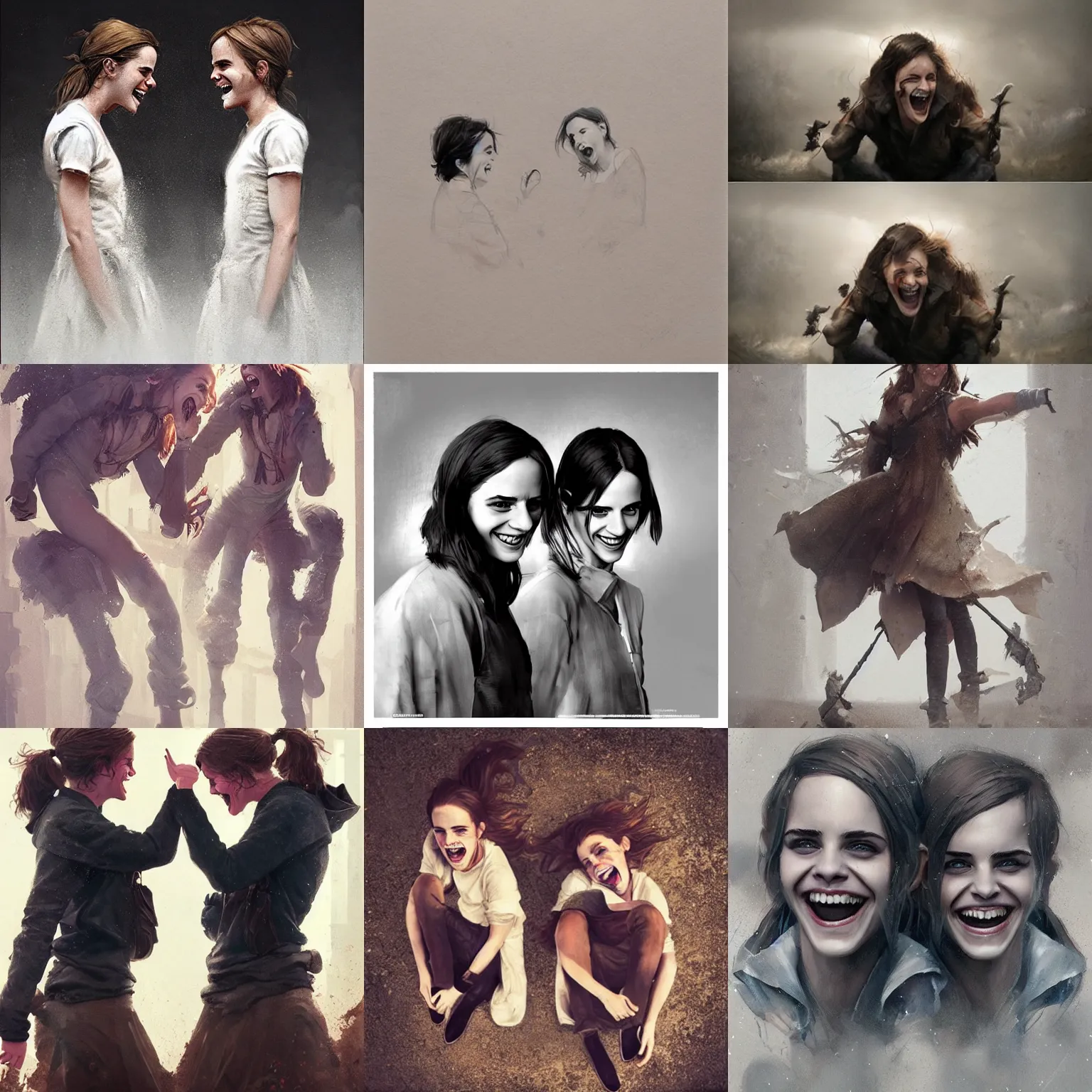 Image similar to emma watson identical twins laughing greg rutkowski!!! greg rutkowski!!! canon eos david bailey david bailey