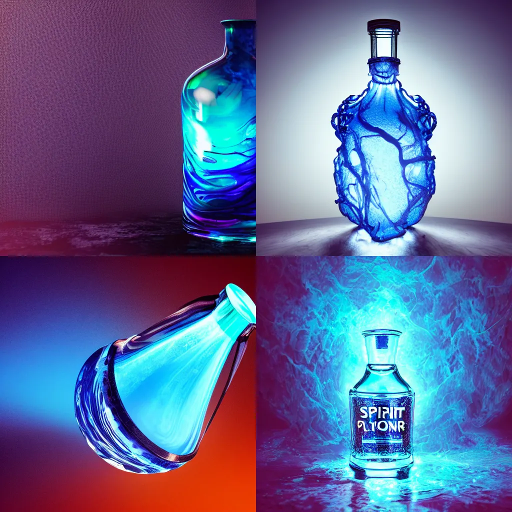 Prompt: spirit potion containing swirling glowing blue liquid, beautiful intricate glass bottle, dark background, dramatic lighting, fantasy, CGI, octane render, 8k