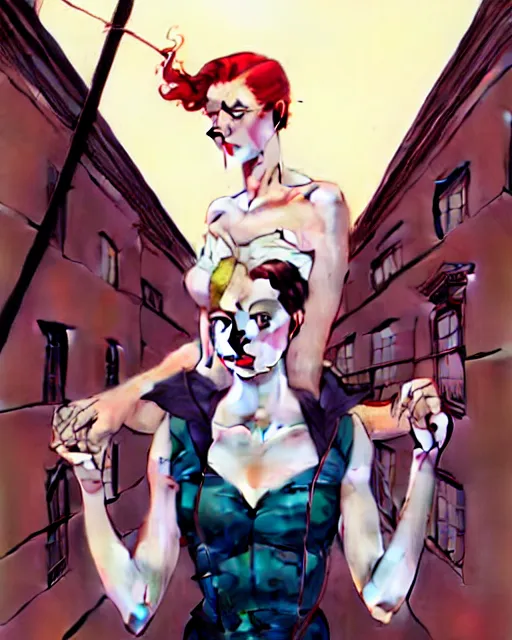 Prompt: joshua middleton, phil noto, norman rockwell, artgerm, rockabilly emma stone poison ivy dc comics, vines, symmetrical eyes, city rooftop