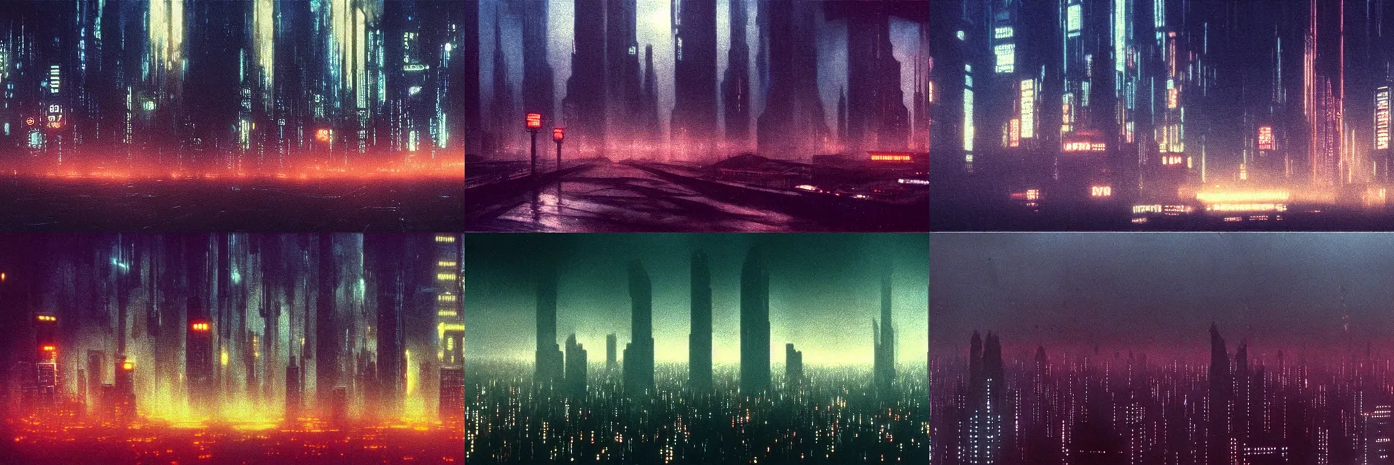 Prompt: 3 5 mm atmospheric dusk night - time photographic landscape of dystopian blade runner 1 9 8 2 city, matte painting, cinematic composition, futuristic dystopian megacity endless various mega - skyscrapers endlessly rising into the!!!! horizon!!!!, falling acid rain, neon, dramatic cinematography 3 5 mm