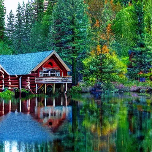 Prompt: Photograph of a cabin by a lake in the style of Thomas Kincaid