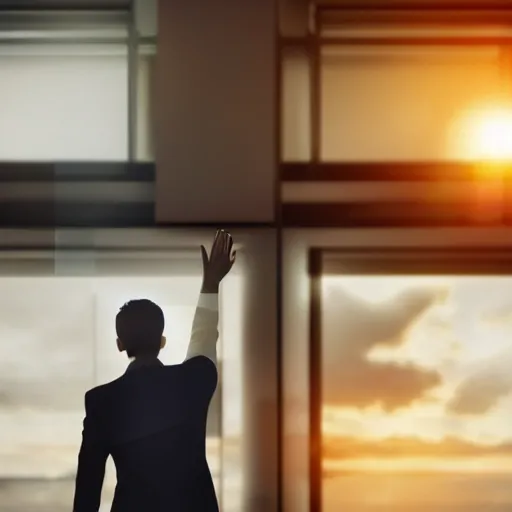 Prompt: beautiful realistic futuristic world, man in office waving goodbye to people, cryptocurrency background