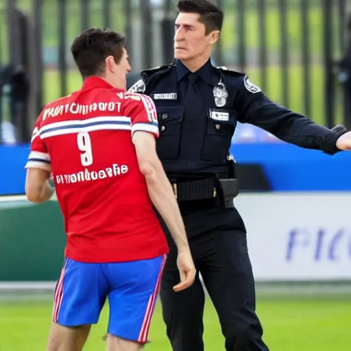 Prompt: robert lewandowski with a gun, fighting policemen