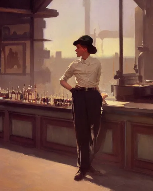 Image similar to young frank sinatra as a poor dystopian dieselpunk soviet bartender. art by greg rutkowski, gustave courbet, rosa bonheur, edward hopper. faithfully depicted facial expression, perfect anatomy, sharp focus, global illumination, radiant light, detailed and intricate environment, trending on artstation