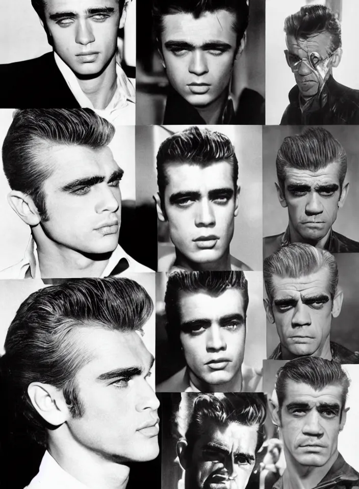 Image similar to genetic combination of james dean, elvis presley, sean connery, and boris karloff. gaunt, handsome, beautiful, striking, chiseled. prominent cheekbones, deep dimples, strong jaw.