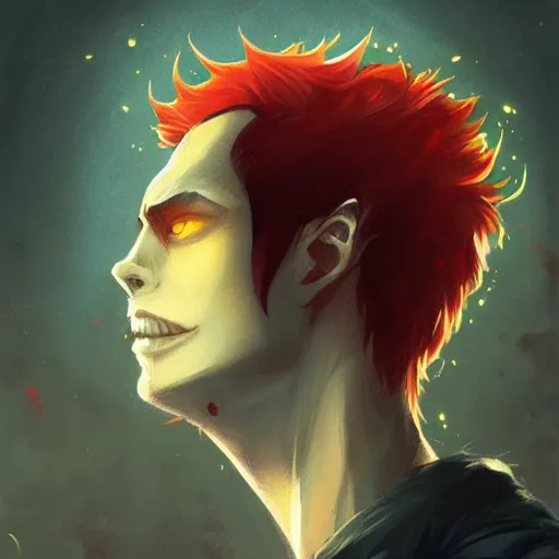 Image similar to headshot portrait of male anime character extremely sharp jaws slit yellow eyes medium red hair by anato finnstark, tom bagshaw, brom