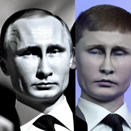 Image similar to putin teams up with a teenage putin, perfect faces