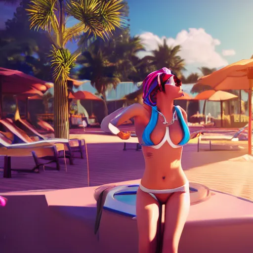 Image similar to pool party Caitlyn enjoying the Californian sun (League of Legends). 3d octane render 4k