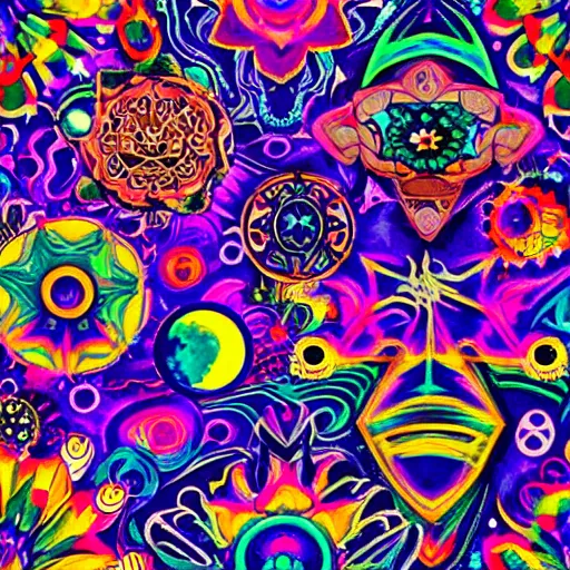 Image similar to Liminal space in outer space, Groovival aesthetic, hippie motifs, flower power motifs, with bright psychedelic shapes